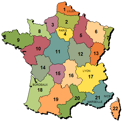 Map showing Regions and Provinces of France